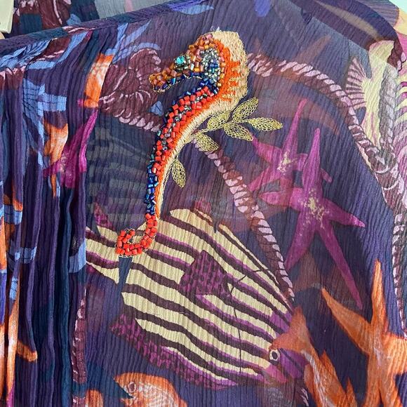 Karen Millen 100% Silk Purple Beaded Seahorse Beach Coverup Blouse Size 4 - Picture 3 of 5